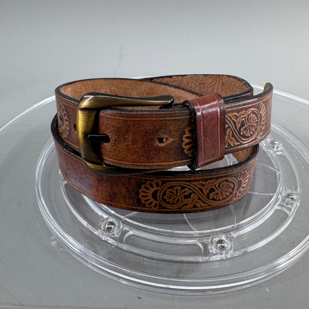 Argentina Hand Tooled Leather Belt Floral Western Boho Brown Brass Buckle 28-30